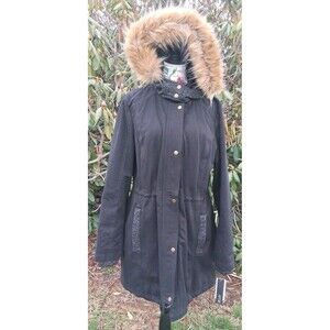 New Apt 9 Womens XL Black Parka Full Zip Fur Trimmed Hood Winter Coat Streetwear